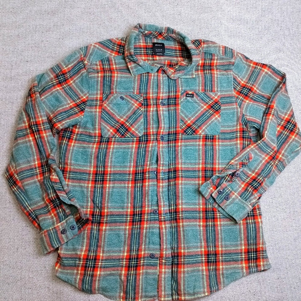 RVCA Flannel Shirt Mens XL Teal Red Excellent Plaid Button Down Long Sleeve